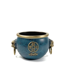 Load image into Gallery viewer, Copper Treasure Bowl Incense Burner 招财进宝狮耳缸平底炉
