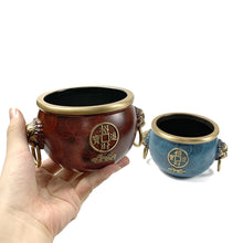 Load image into Gallery viewer, Copper Treasure Bowl Incense Burner 招财进宝狮耳缸平底炉