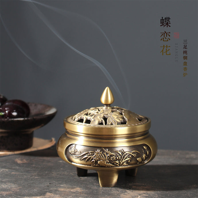 蝶恋花三足纯铜盘香炉