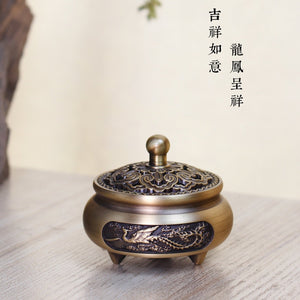 纯铜雕龙凤小三足小炉