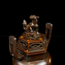 Load image into Gallery viewer, Antique Animal Cover Hexagonal Incense Burner 苏工兽盖六角铜炉
