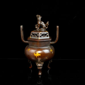 Antique Animal Cover Hexagonal Incense Burner 苏工兽盖六角铜炉