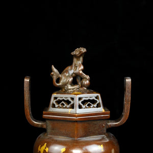 Antique Animal Cover Hexagonal Incense Burner 苏工兽盖六角铜炉
