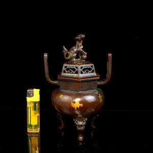 Antique Animal Cover Hexagonal Incense Burner 苏工兽盖六角铜炉