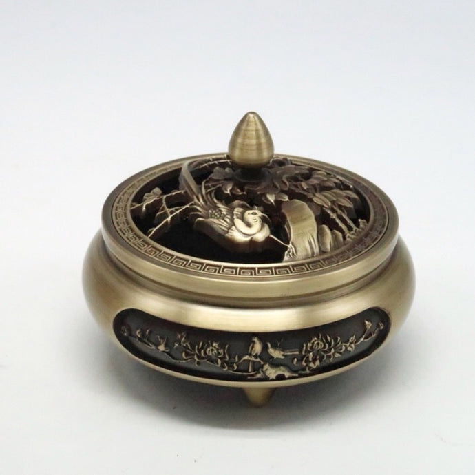 Copper Relief Incense Burner 前程似锦雕花三足铜炉