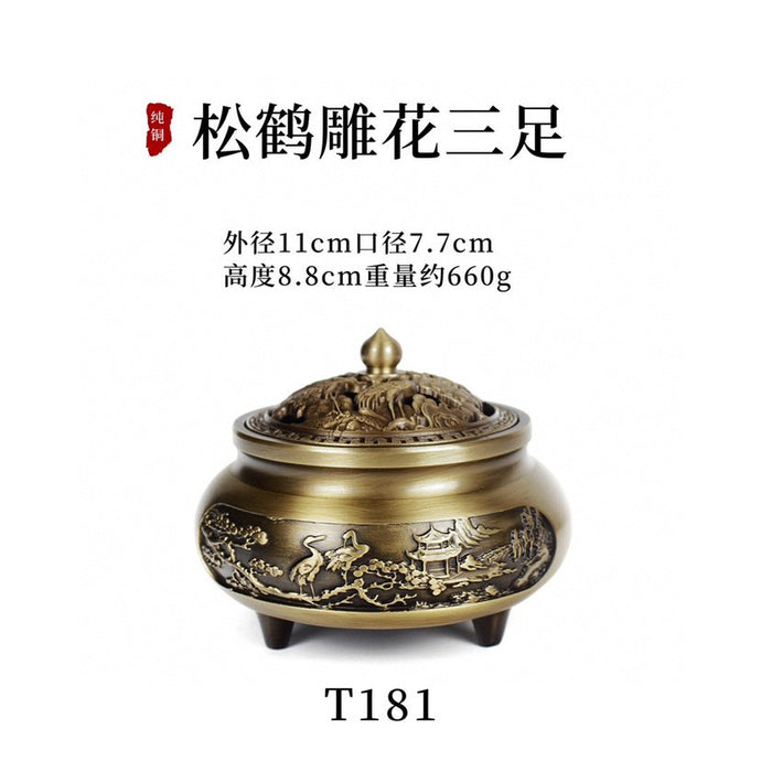 纯铜松鹤雕花三足炉